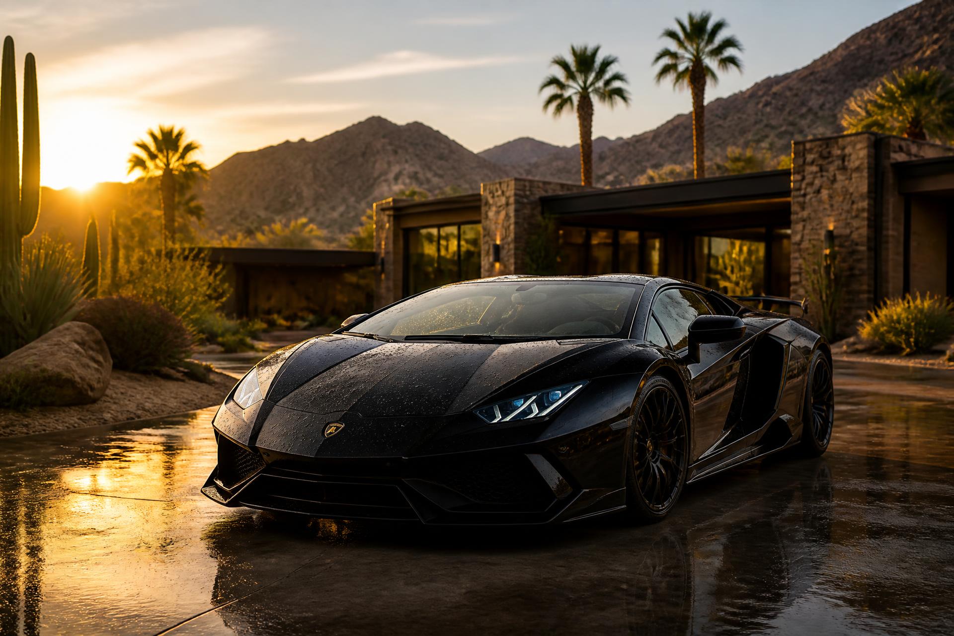 Black exotic supercar detailed to a mirror finish in the driveway of an Arizona desert estate